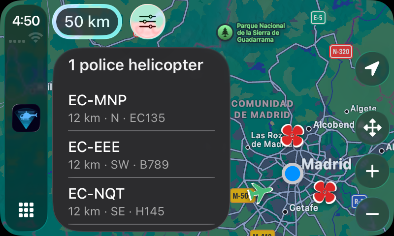 RadarCopter live radar showing nearby police helicopters and aircraft