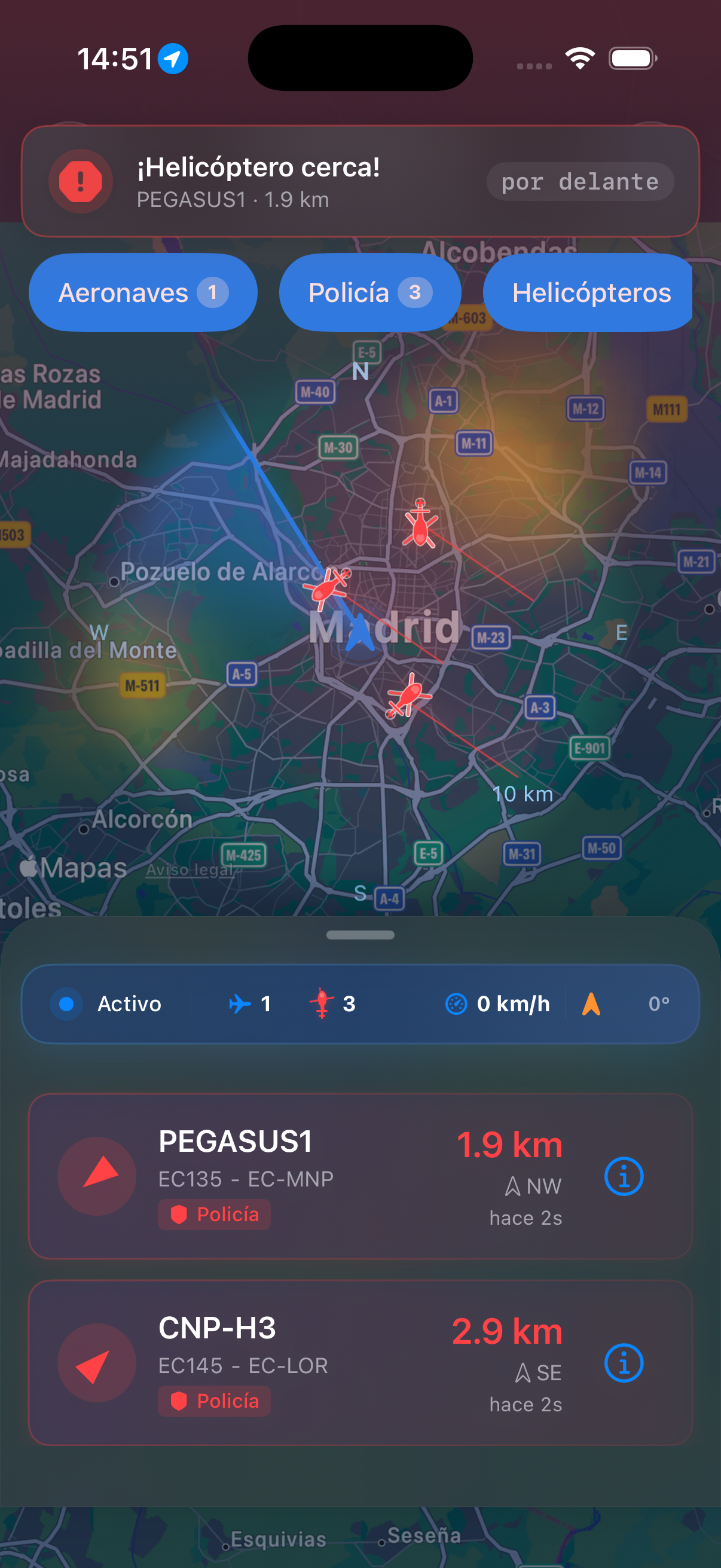 RadarCopter live iPhone radar showing nearby police helicopters